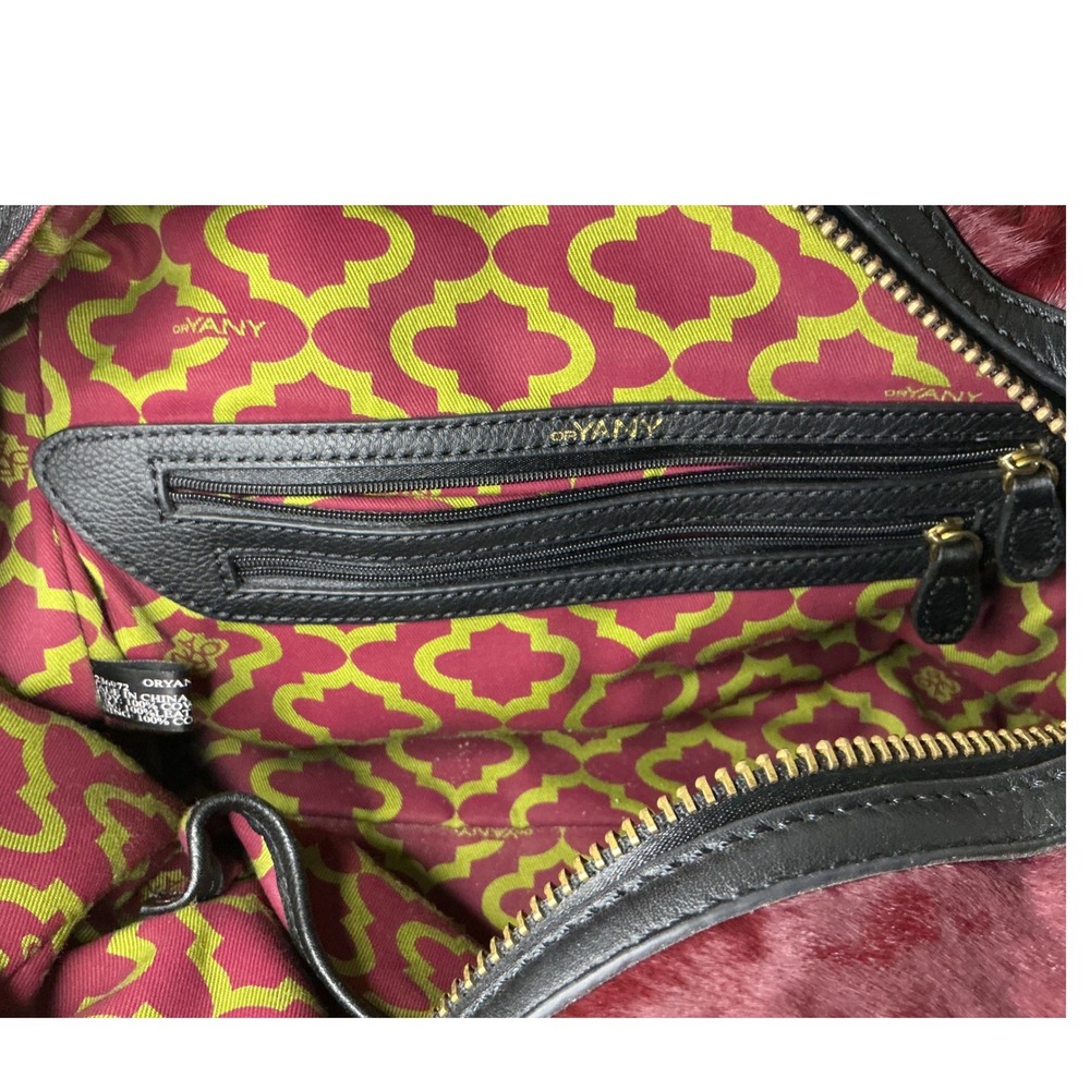 OrYANY Burgundy Cow Hair and Black Leather Studded Satchel Handbag Gold Hardware - Picture 10 of 10